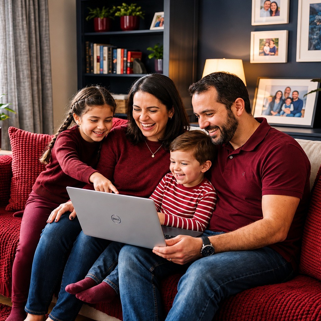 Família reunida no sofá rindo em frente ao notebook com a internet da Nexo