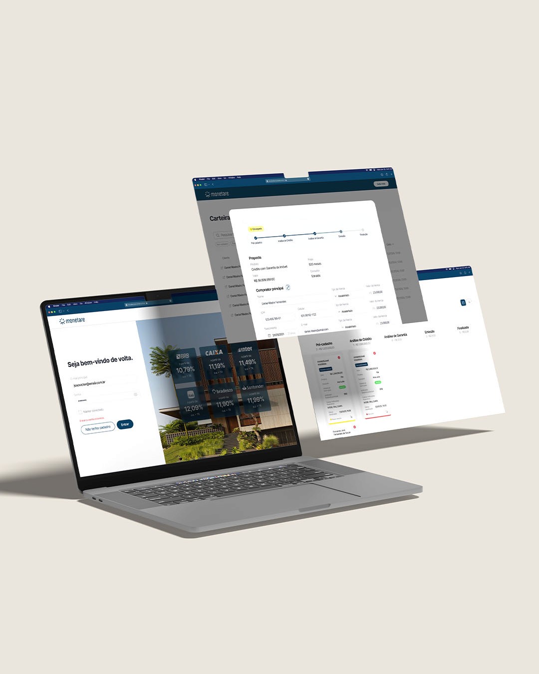 Um modelo de notebook com várias telas do sistema exclusivo da Monetare para parceiros, com: tela de login, quadro kanban e card de informações.