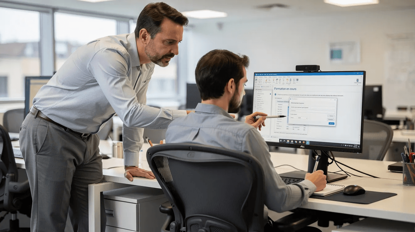 Un formateur afest accompagne un apprenant sur son poste de travail dans un environnement professionnel, favorisant ainsi l'apprentissage pratique et le développement des compétences. Cette situation de travail permet de mettre en œuvre les objectifs de la formation en situation réelle.