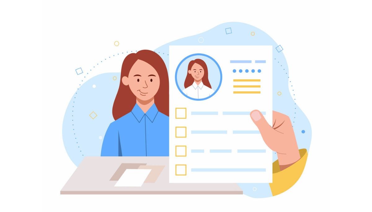 Illustration of a woman seated at a desk working on a computer, holding a paper while a large monitor behind her shows a rocket launch, surrounded by floating dollar signs, gears, paper airplanes, and a light bulb.