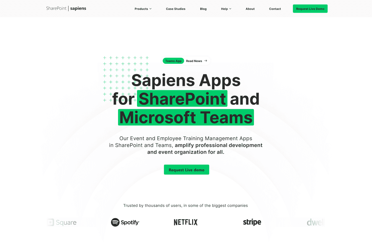 Webseite Hero von Sapiens Apps für SharePoint und Microsoft Teams, präsentiert in grün und weiß. Der Text beschreibt Event- und Trainingsmanagement-Apps und zeigt Logos von bekannten Unternehmen als Referenz.