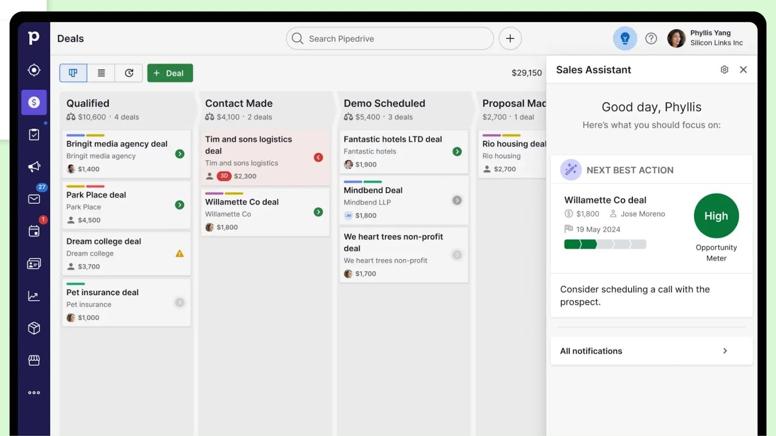 Pipedrive's visual sales pipeline and assistant