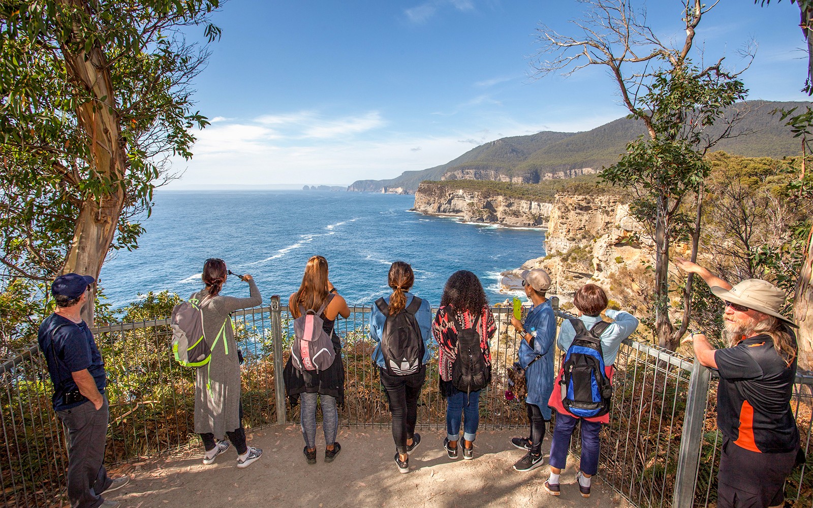 在塔斯马尼亚的亚瑟港旅游项目中，一群人俯瞰悬崖和海洋。