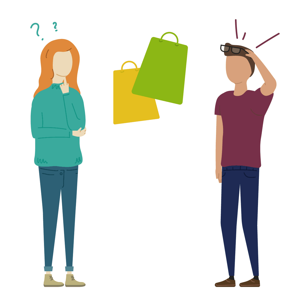 Illustration of two confused shoppers with shopping bags