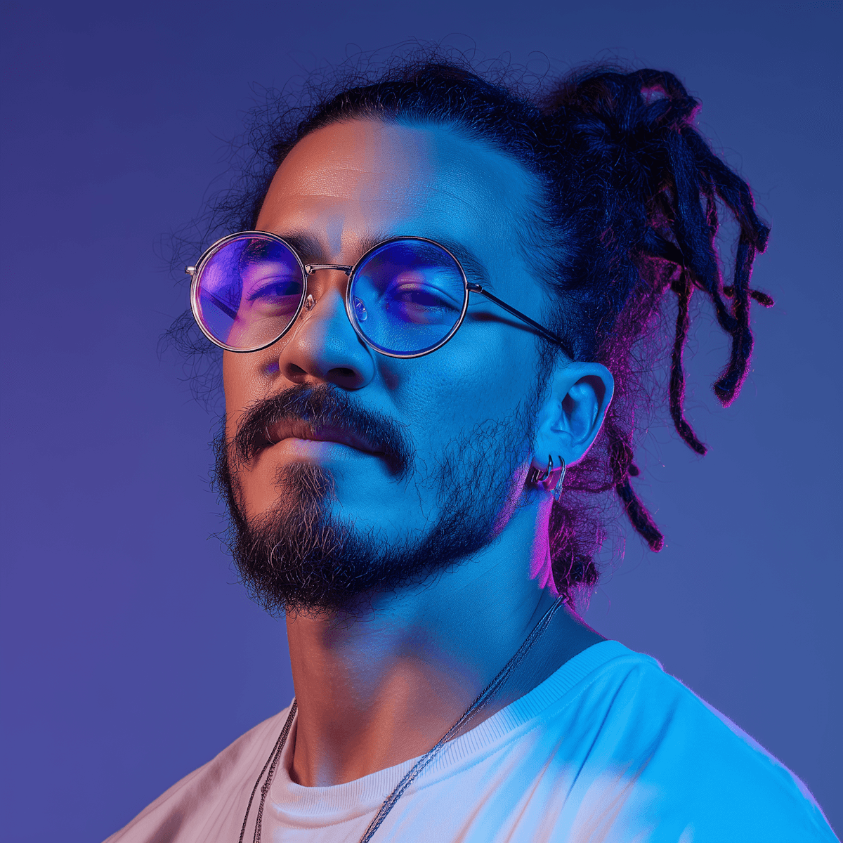 A person with dreadlocks and round glasses looks confidently at the camera. Neon blue and purple lighting creates a modern, artistic vibe.
