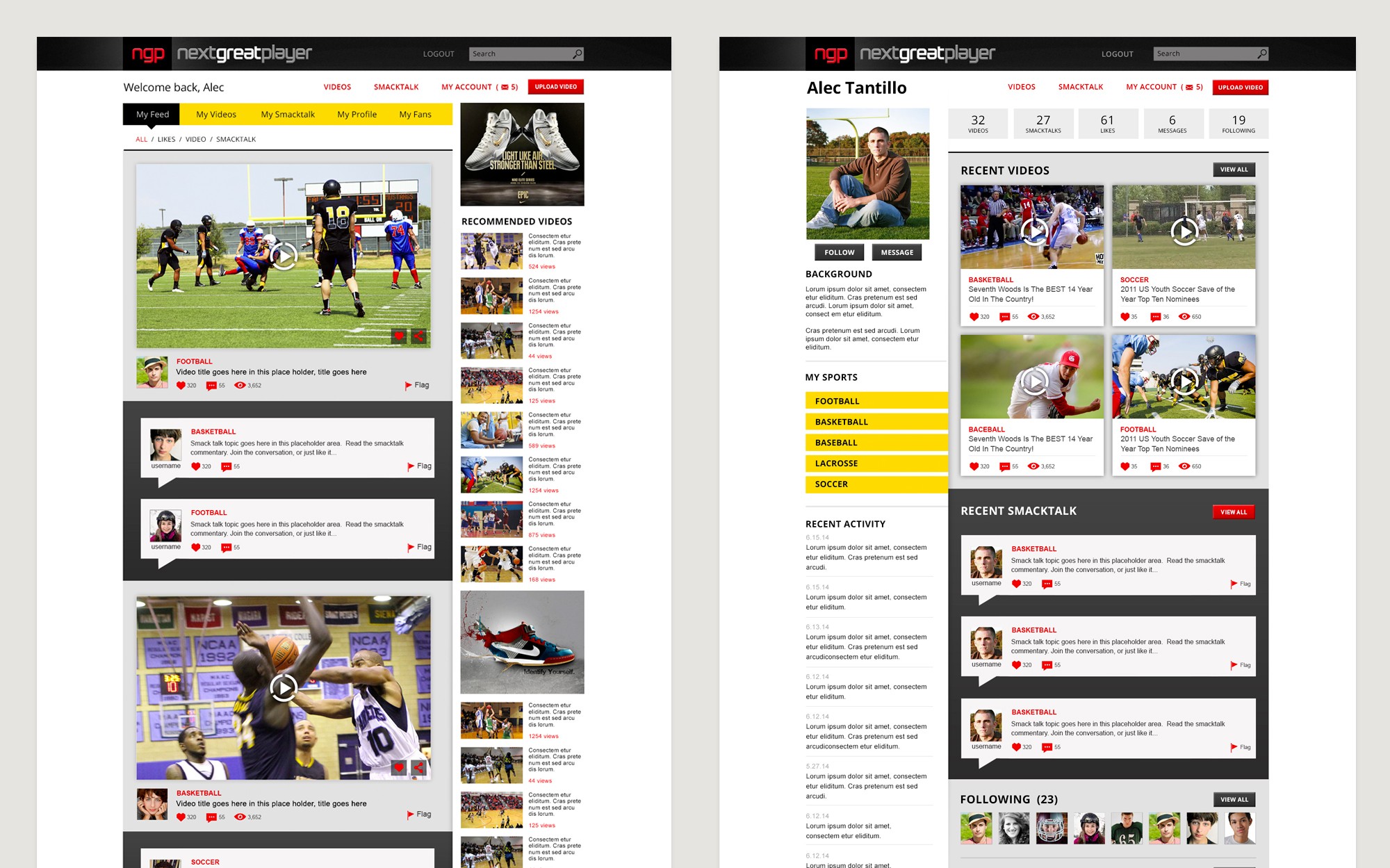 Two-page web layout for Next Great Player showing user profiles, sports videos, and activity feeds.