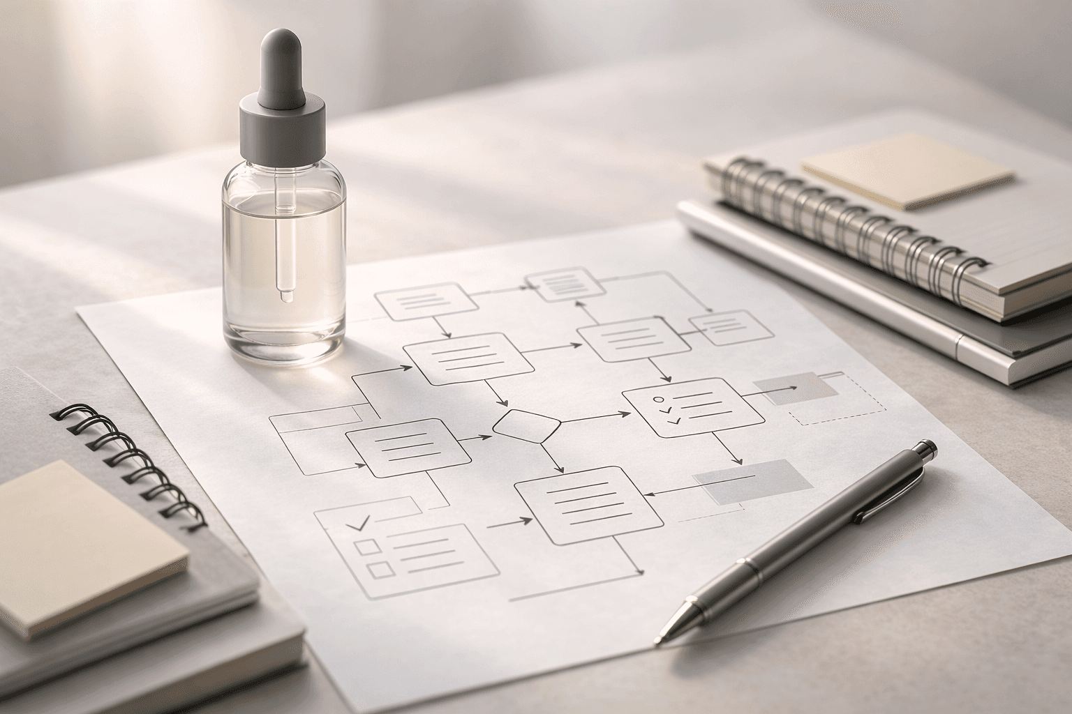 Skincare product development planning sheet with flowchart diagram on a desk beside a serum bottle, notebook and pen, illustrating early concept evaluation before cosmetic formulation.