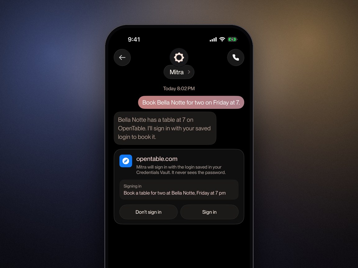 Mitra chat asking for approval before the secure browser signs in to OpenTable with a saved login