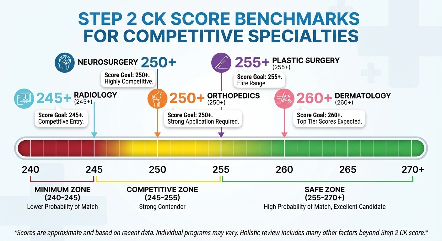 Step 2 CK score benchmarks for competitive medical specialties including minimum and competitive ranges