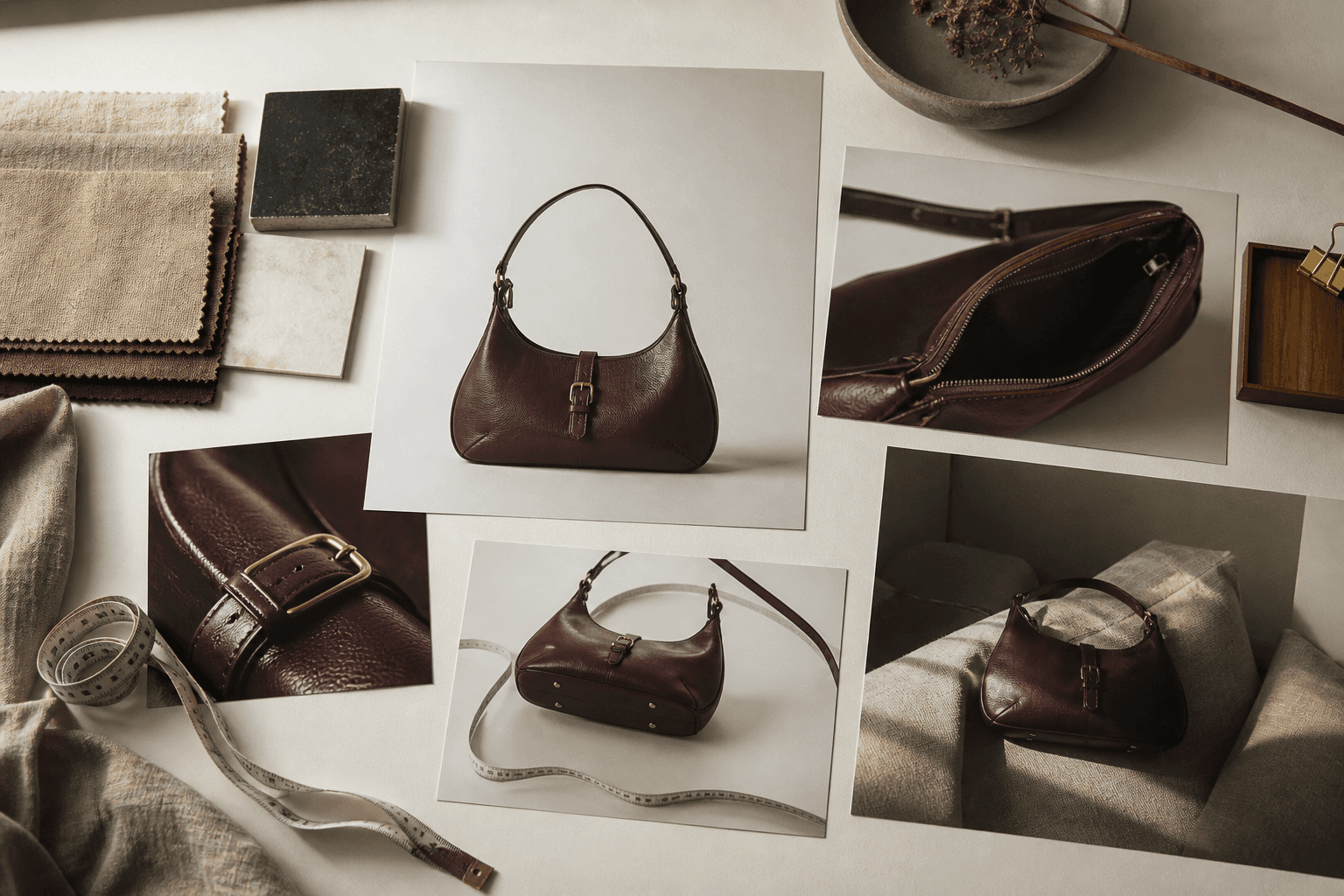 Conceptual handbag coverage board with product, detail, material, scale, and lifestyle frames