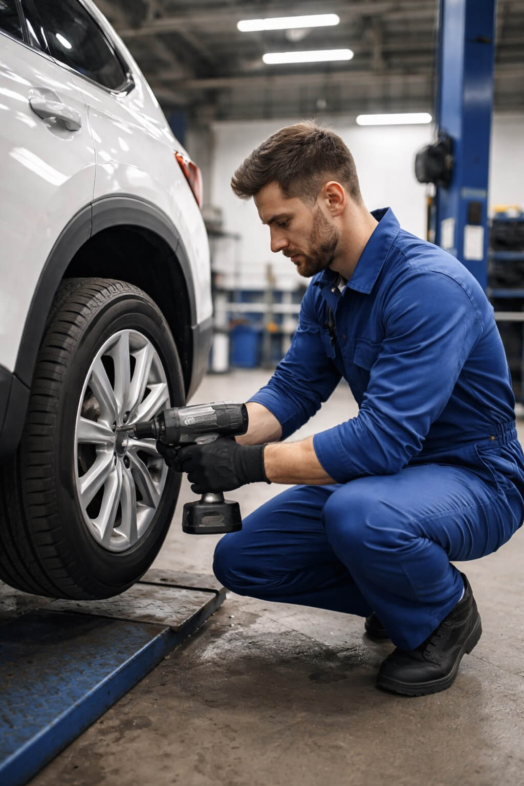 A mechanic in a blue uniform squats, using a power tool to remove a tire from a white SUV in a garage, focused expression, efficient setting.