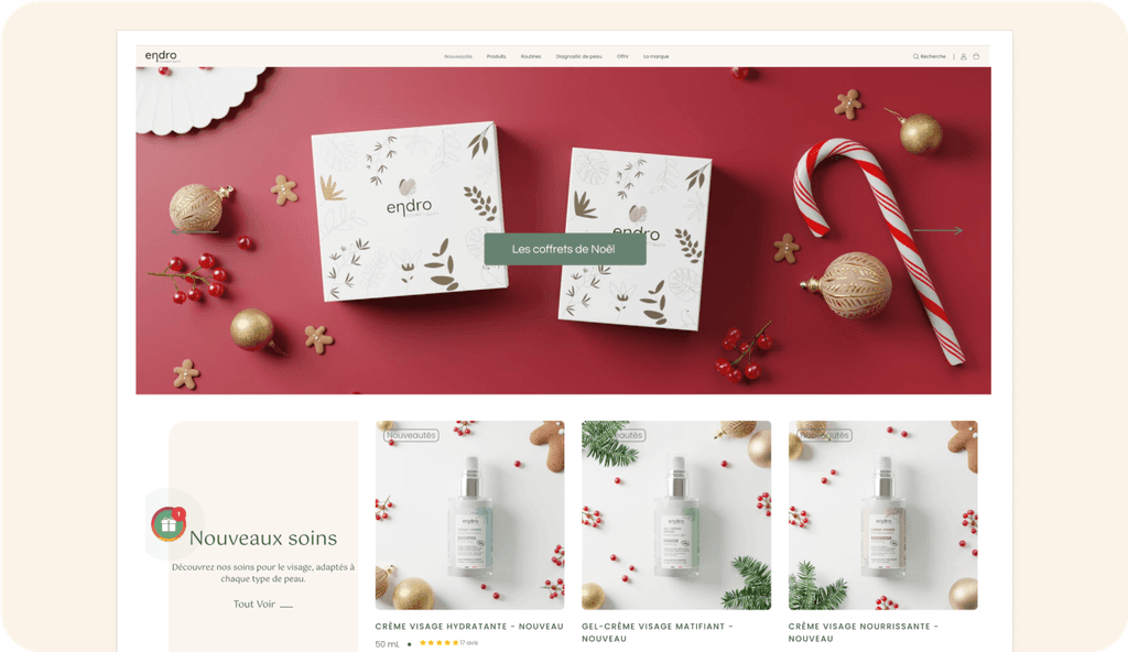 Endro Cosmetiques website and PDP, christmas themed