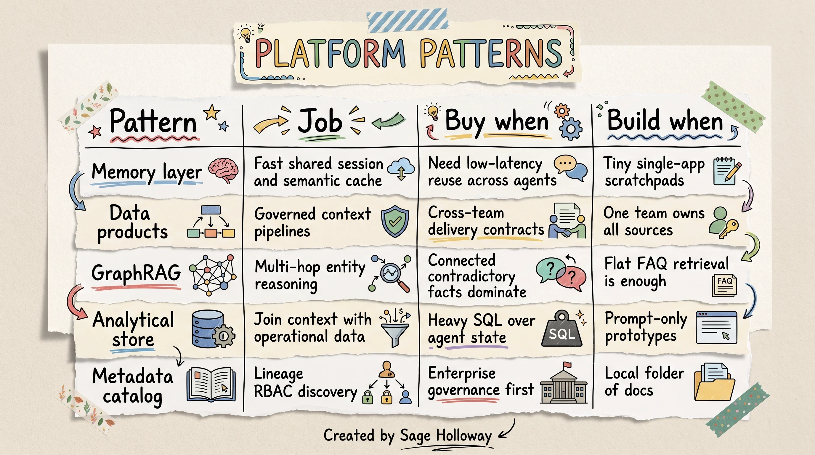 Comparison table of enterprise context platform patterns for evaluate versus build