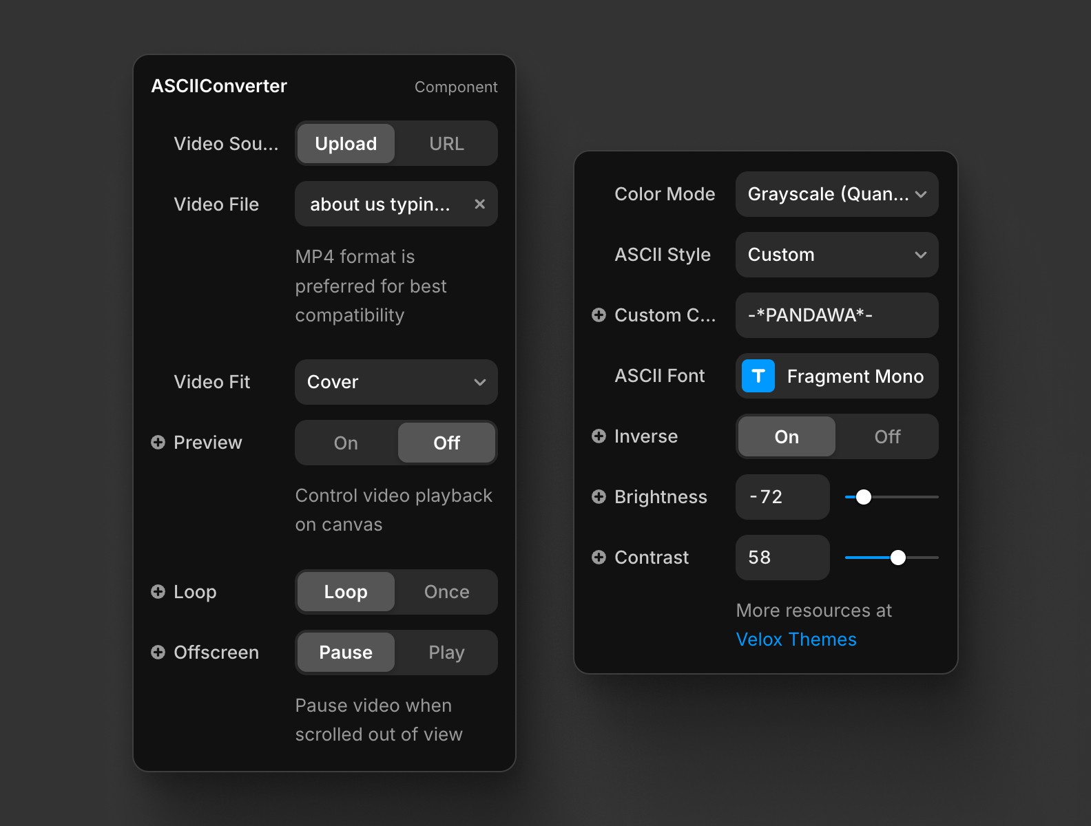 All controls of ASCII Video Converter Framer component