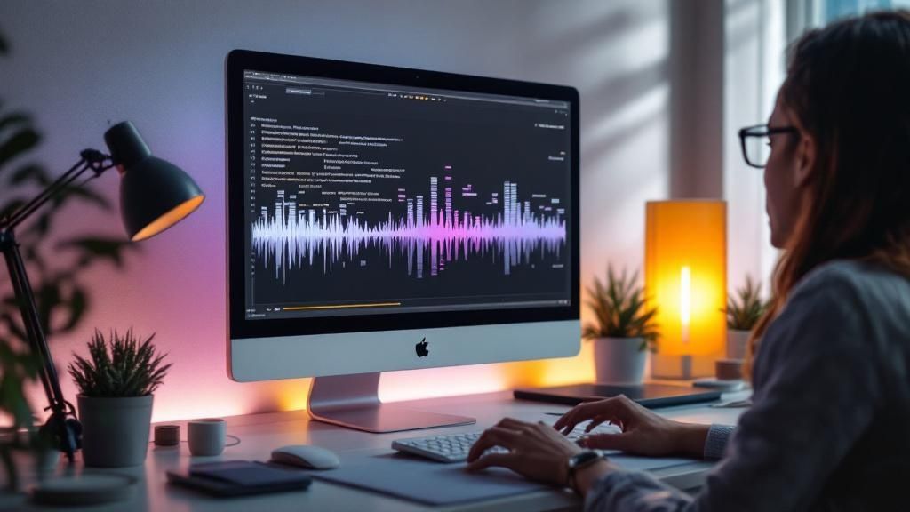 Speak4Me – A woman listens to audio on her phone while working on her laptop.