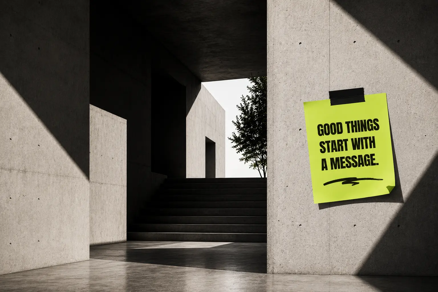 Contemporary concrete architectural corridor with editorial note highlighting the importance of clear messaging and purposeful communication.