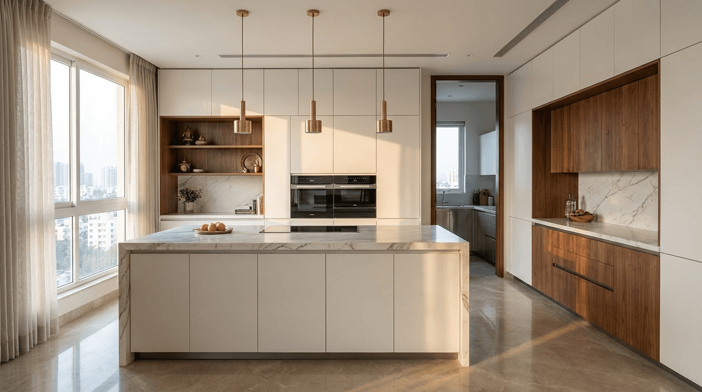 European modular kitchen with Calacatta marble countertop and integrated wet kitchen in an ultra-luxury apartment at Prestige Vaishnaoi Rainbow Waters, Gachibowli