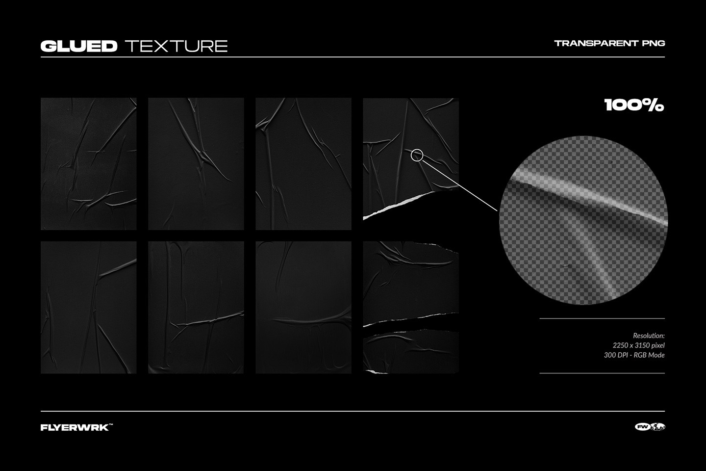 Transparent glued poster textures PNG set with wrinkles folds and ripped paper edges