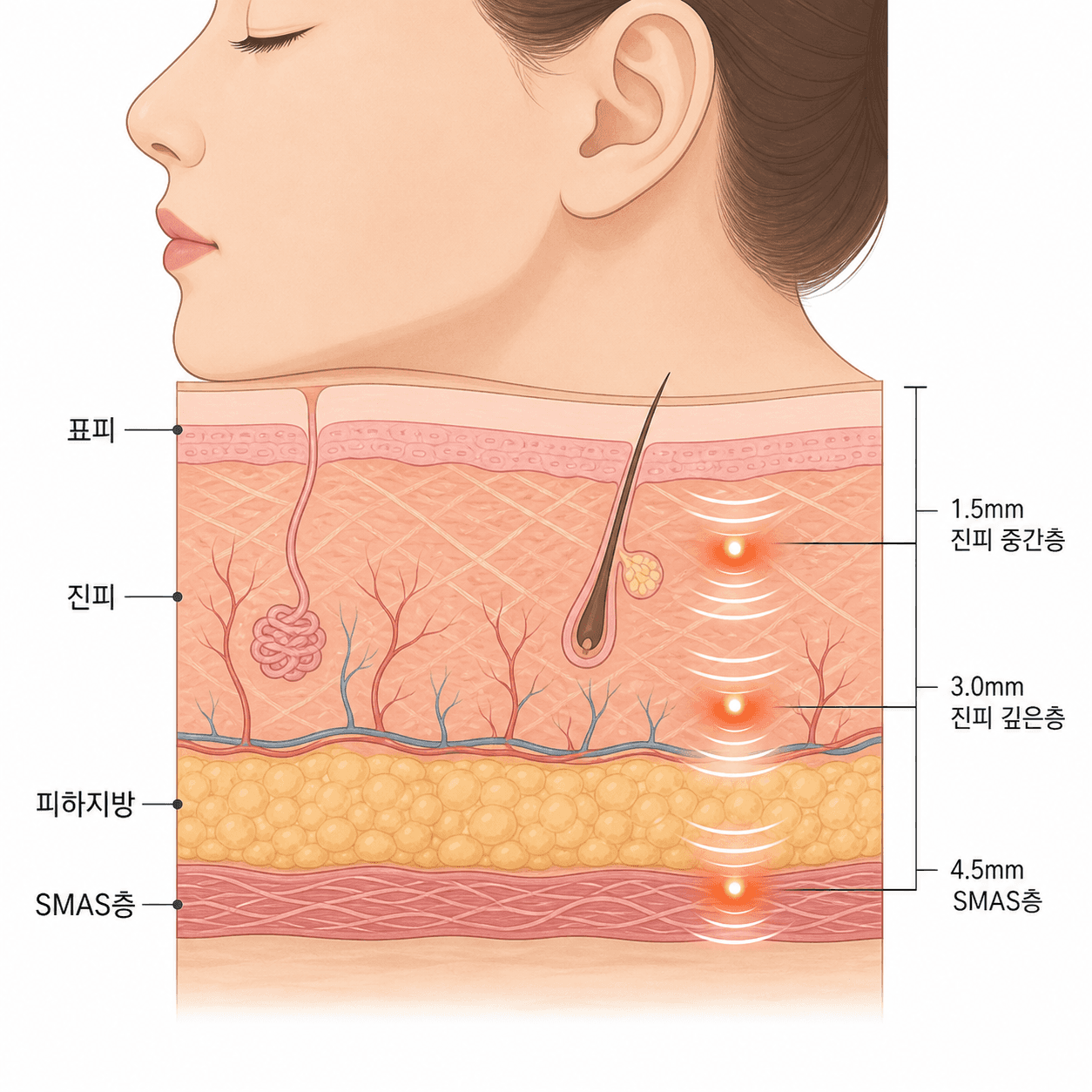 턱라인 피부층 단면과 SMAS층에 닿는 4.5mm 초점