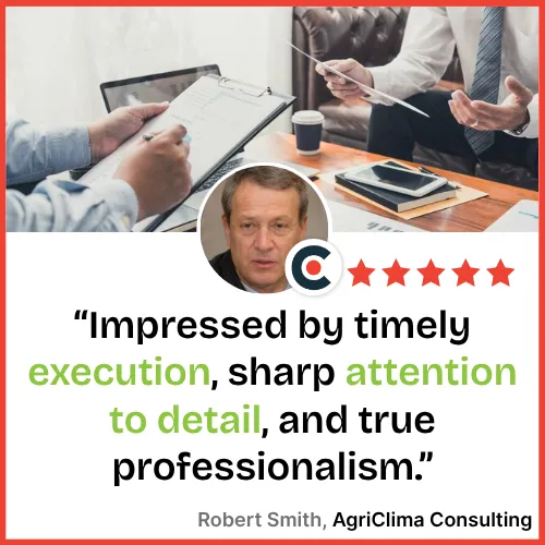 AgriClima Consulting client testimonial by Robert Smith featuring a 5-star rating.