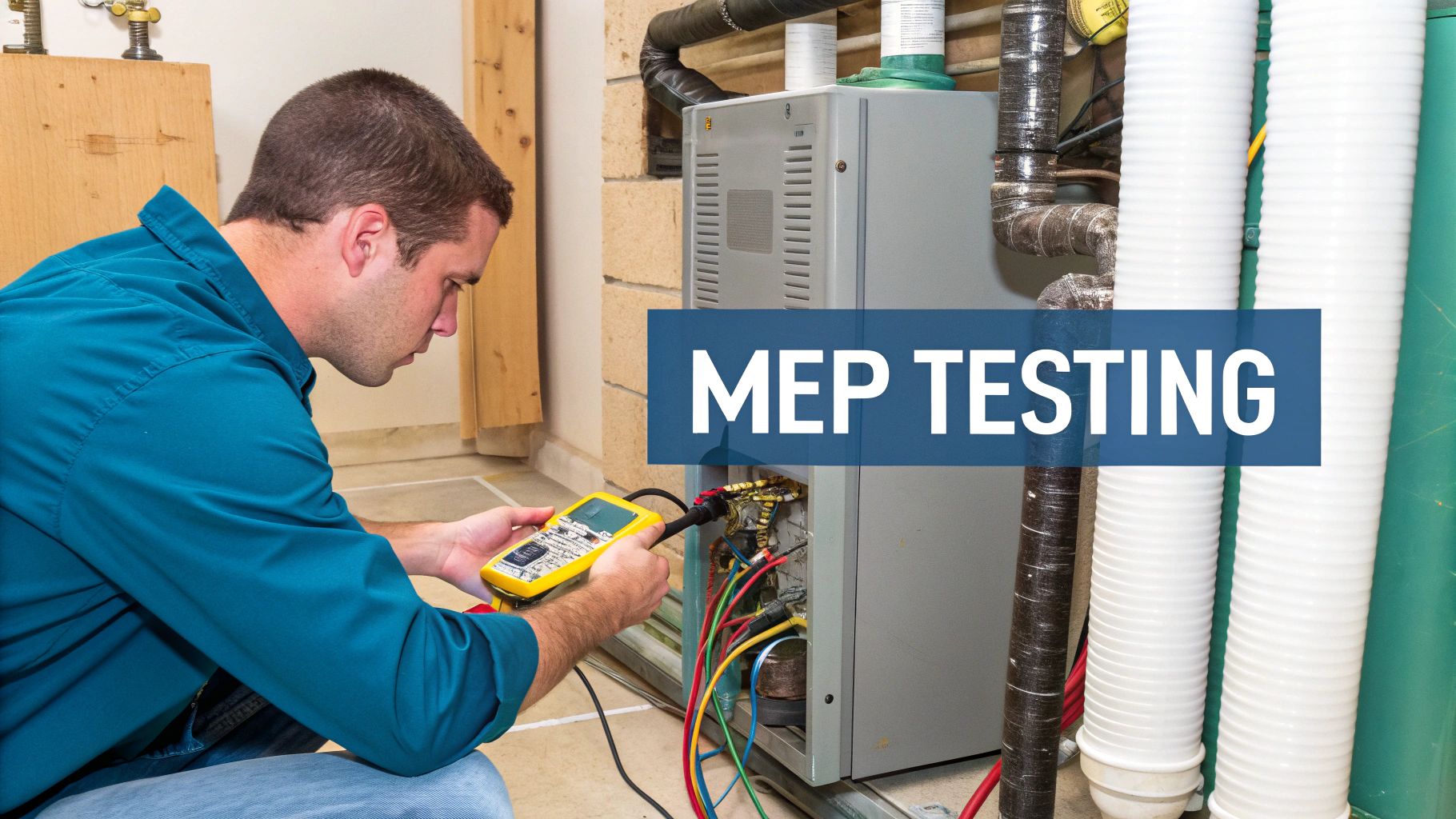 A technician performing MEP testing, using a multimeter to inspect the electrical connections of a large utility unit.