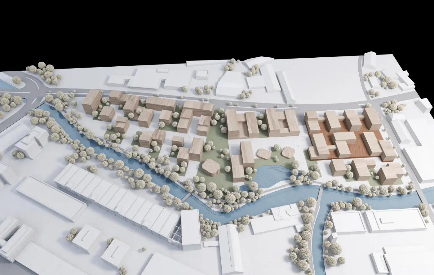 Isometrische Zeichnung eines Bauprojekts mit mehreren Gebäuden und markierten Strukturen in Rot