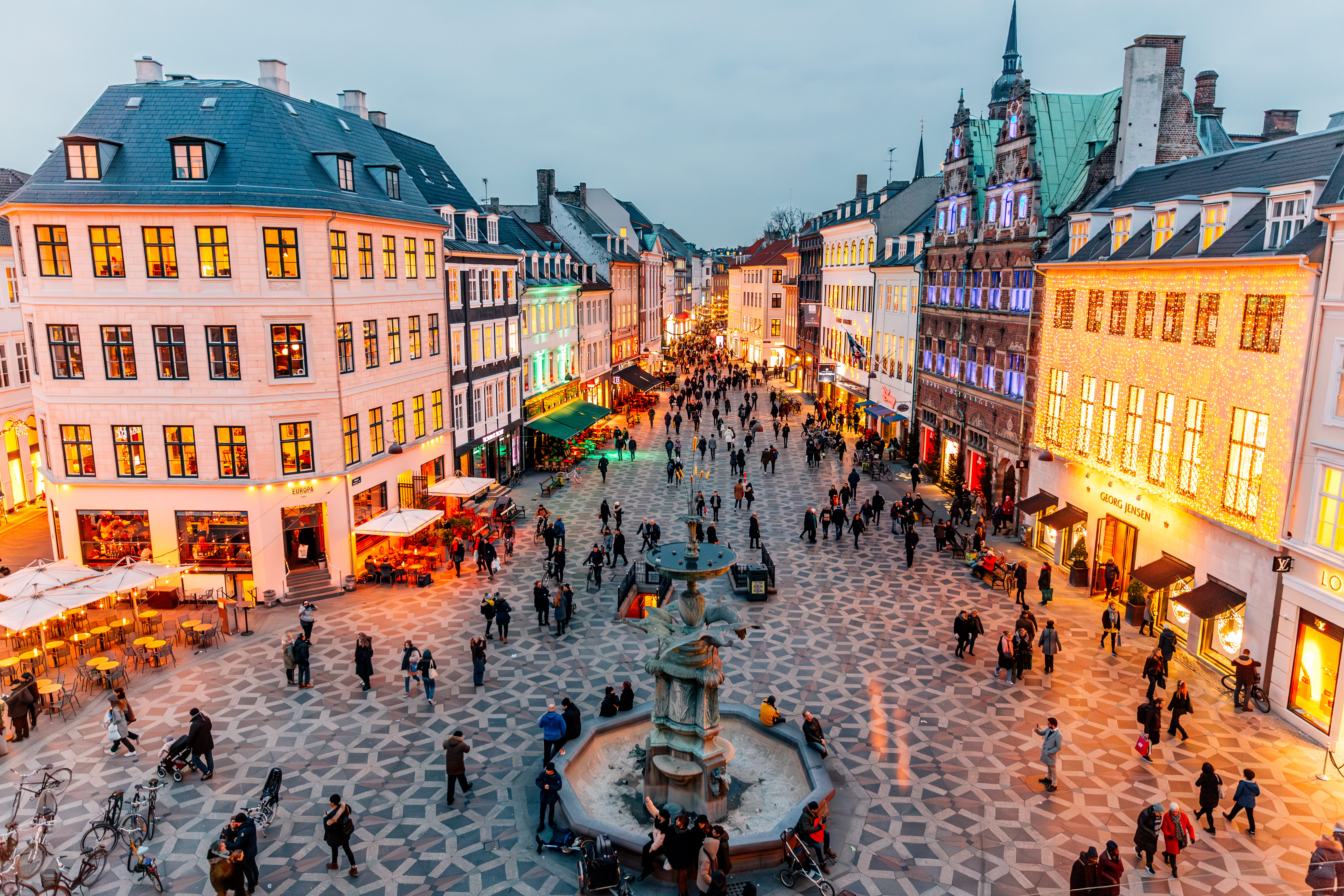 Amagertorv square on Strøget, the main pedestrian shopping street in Copenhagen, Denmark