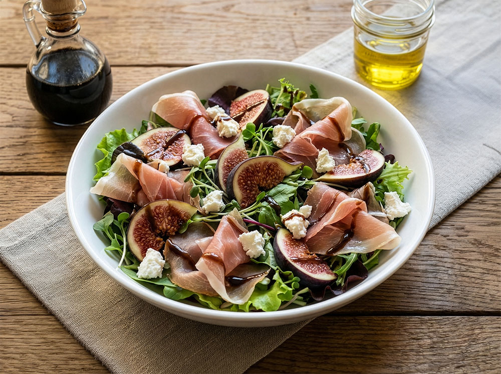 A duck prosciutto salad with warmed walnuts, balsamic vinaigrette, goat cheese and walnuts.