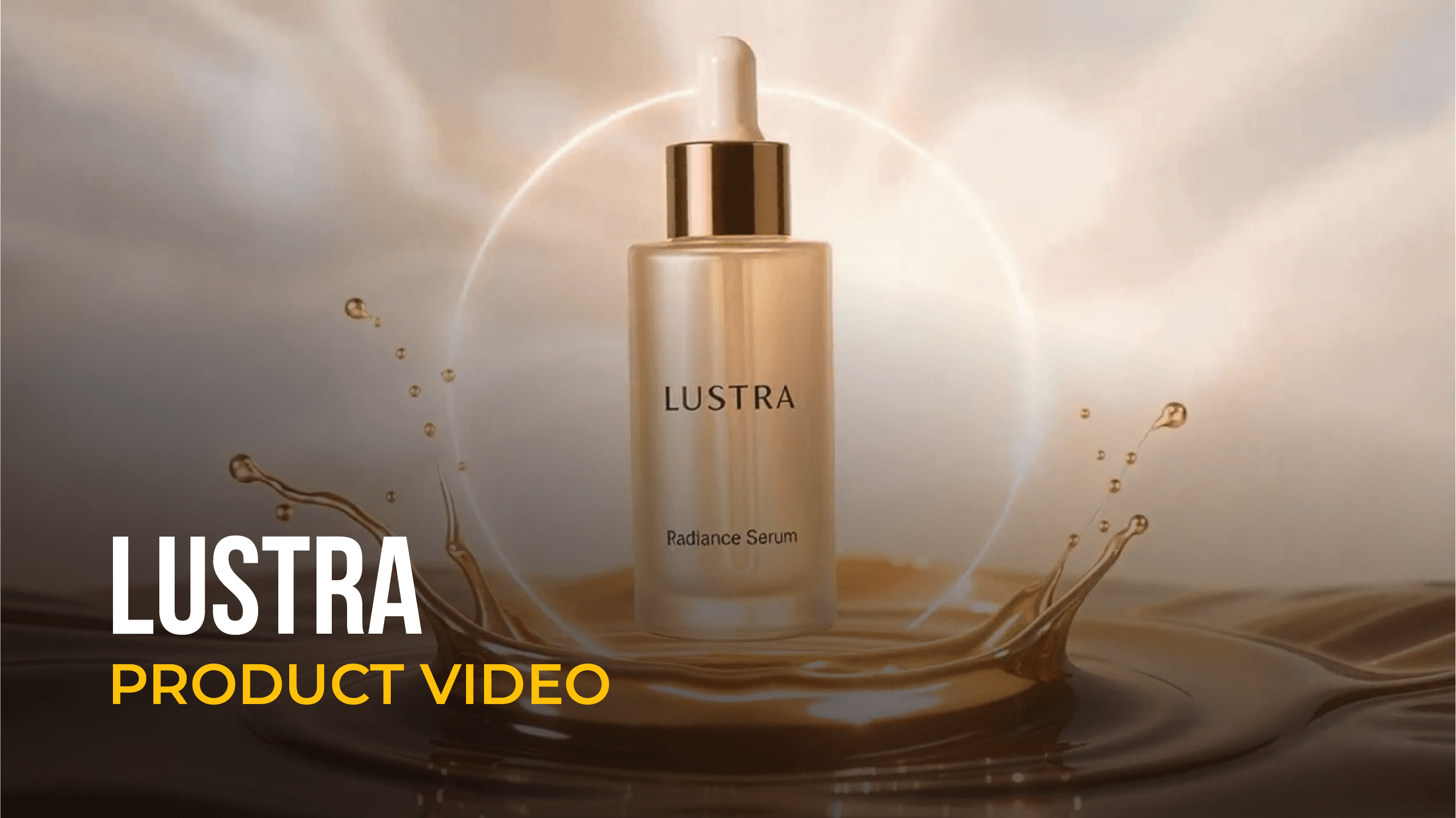 AI-generated product video featuring a serum bottle with a golden liquid splash.