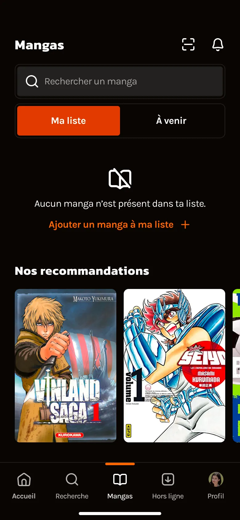 Page affichée lorsqu'il n'y a pas encore de manga dans notre liste, avec un bouton permettant d'en ajouter rapidement