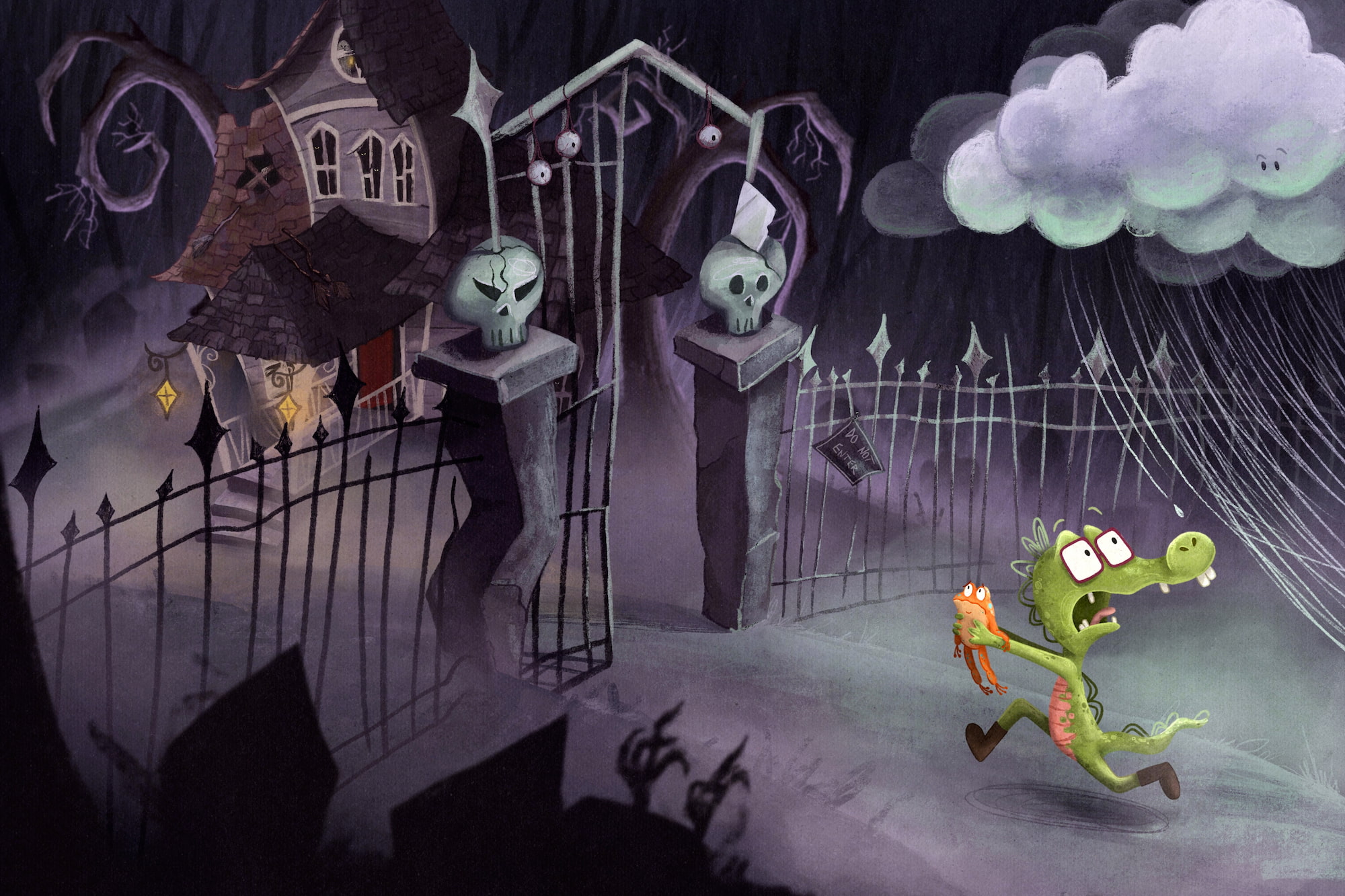 A frightened crocodile running through the rain while holding a frog, unaware that they are entering a haunted house.