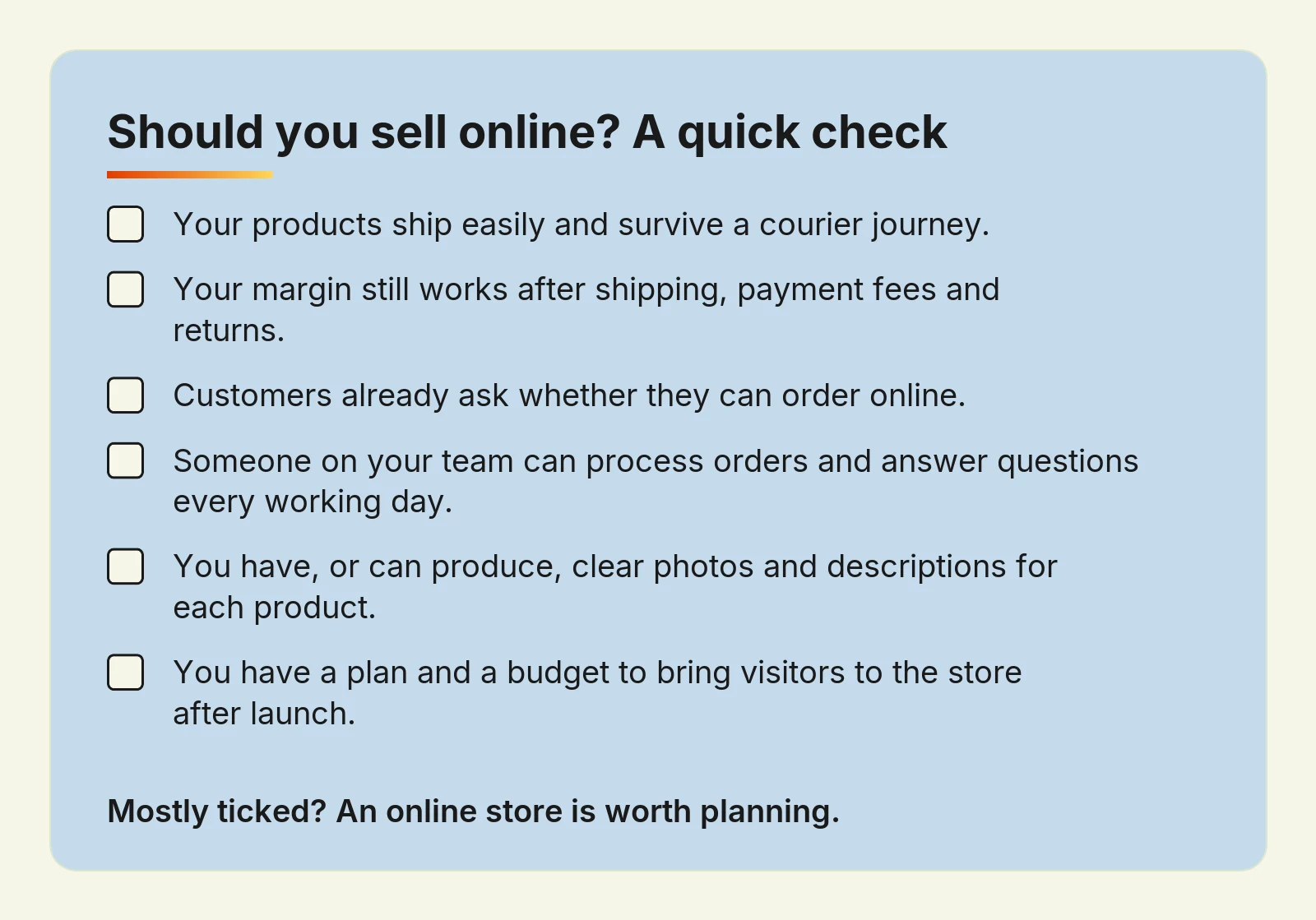 Six-point checklist for deciding whether a small business should start selling online