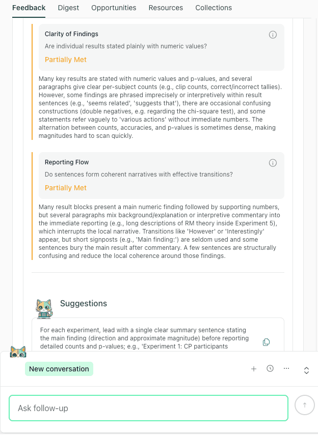 thesify results section feedback on clarity of findings and reporting flow with suggestions to lead with the main result
