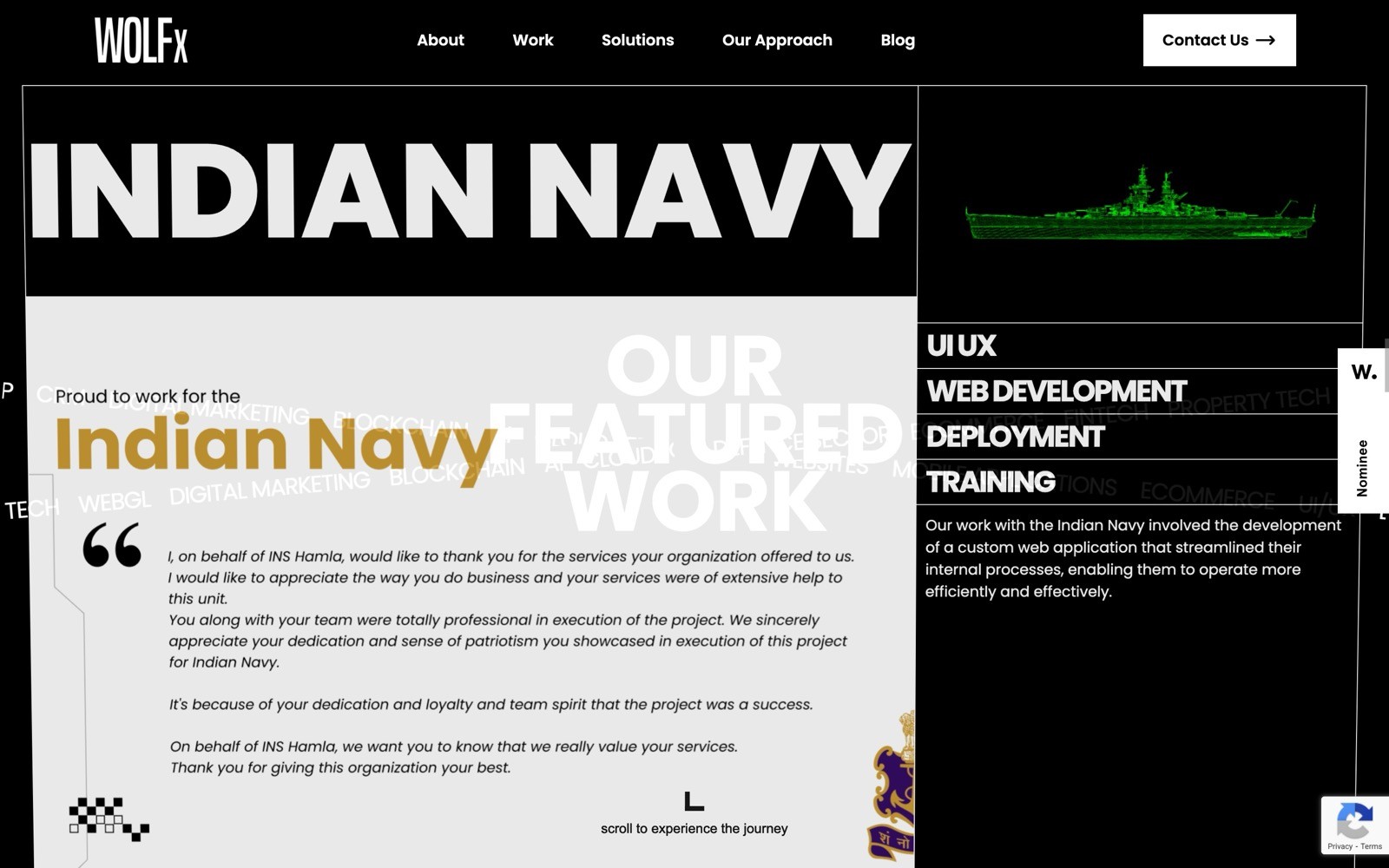 Bold text "INDIAN NAVY" at the top. Testimonial: "Proud to work for the Indian Navy." Dark sidebar with sections for UI/UX and more.