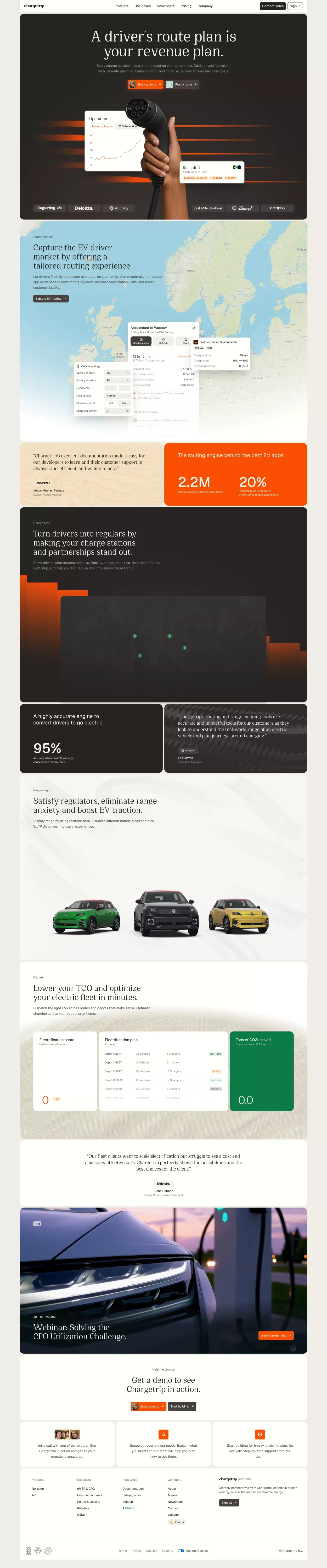 Chargetrip EV routing landing page screenshot showcasing Automotive and Tech design