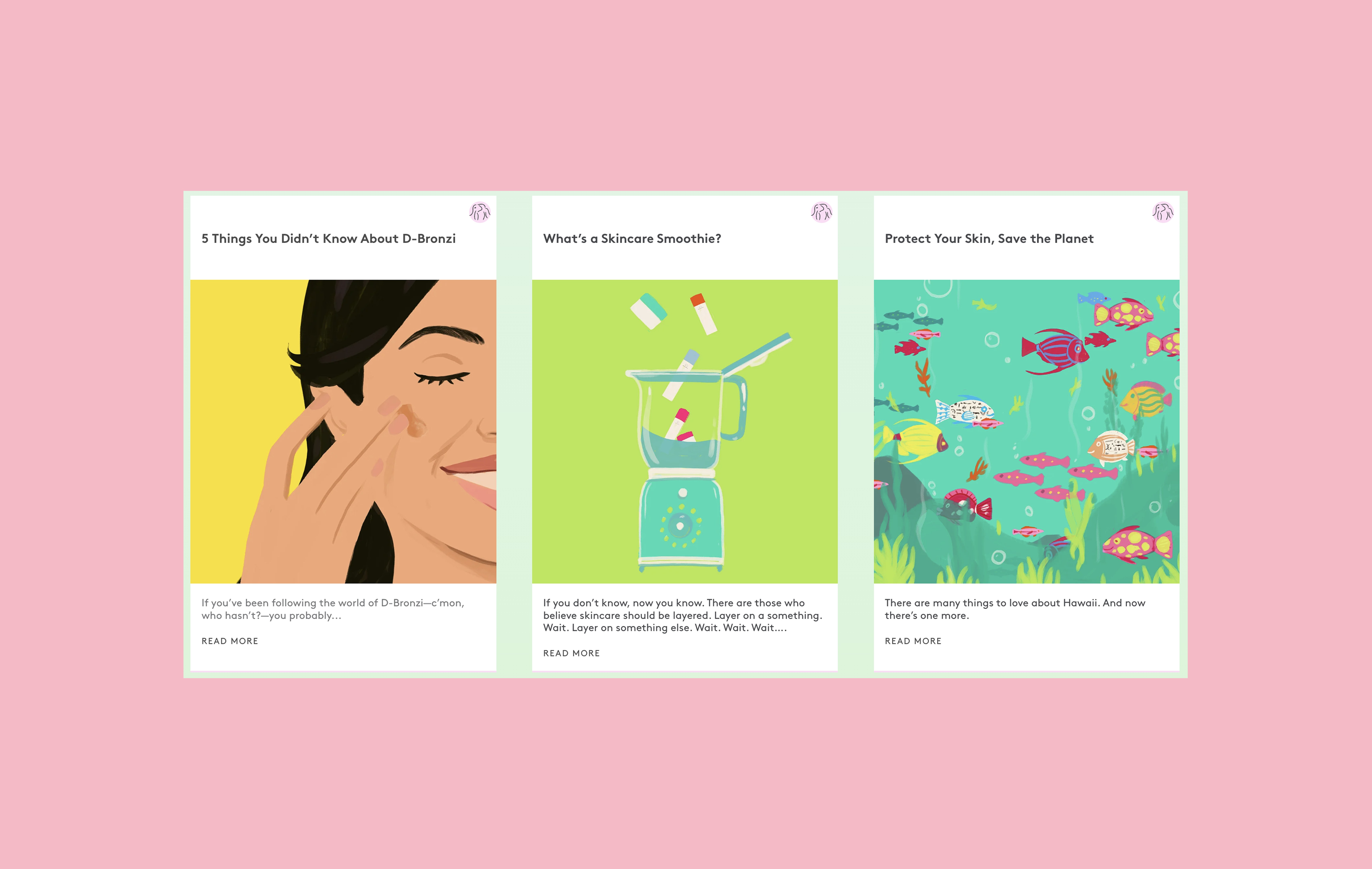 Drunk Elephant blog cards with vibrant visuals and fun article titles