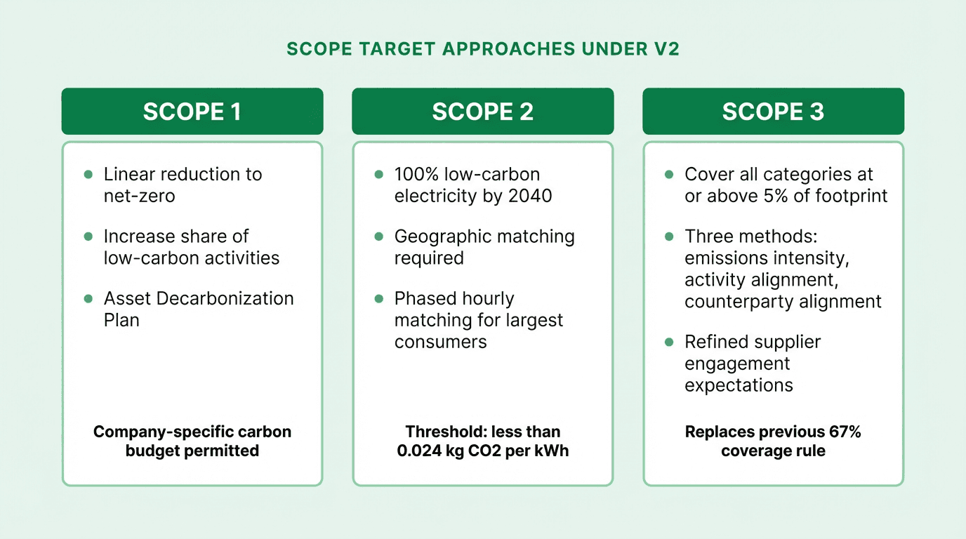 Three-column diagram showing V2 target approaches for Scope 1, Scope 2, and Scope 3, including asset decarbonization plans, 100 percent low-carbon electricity by 2040, and the new 5 percent category coverage rule for Scope 3
