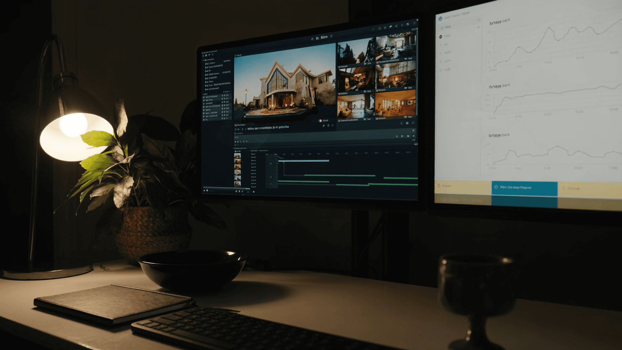 Editorial workspace with two monitors showing a video editing timeline and an analytics dashboard