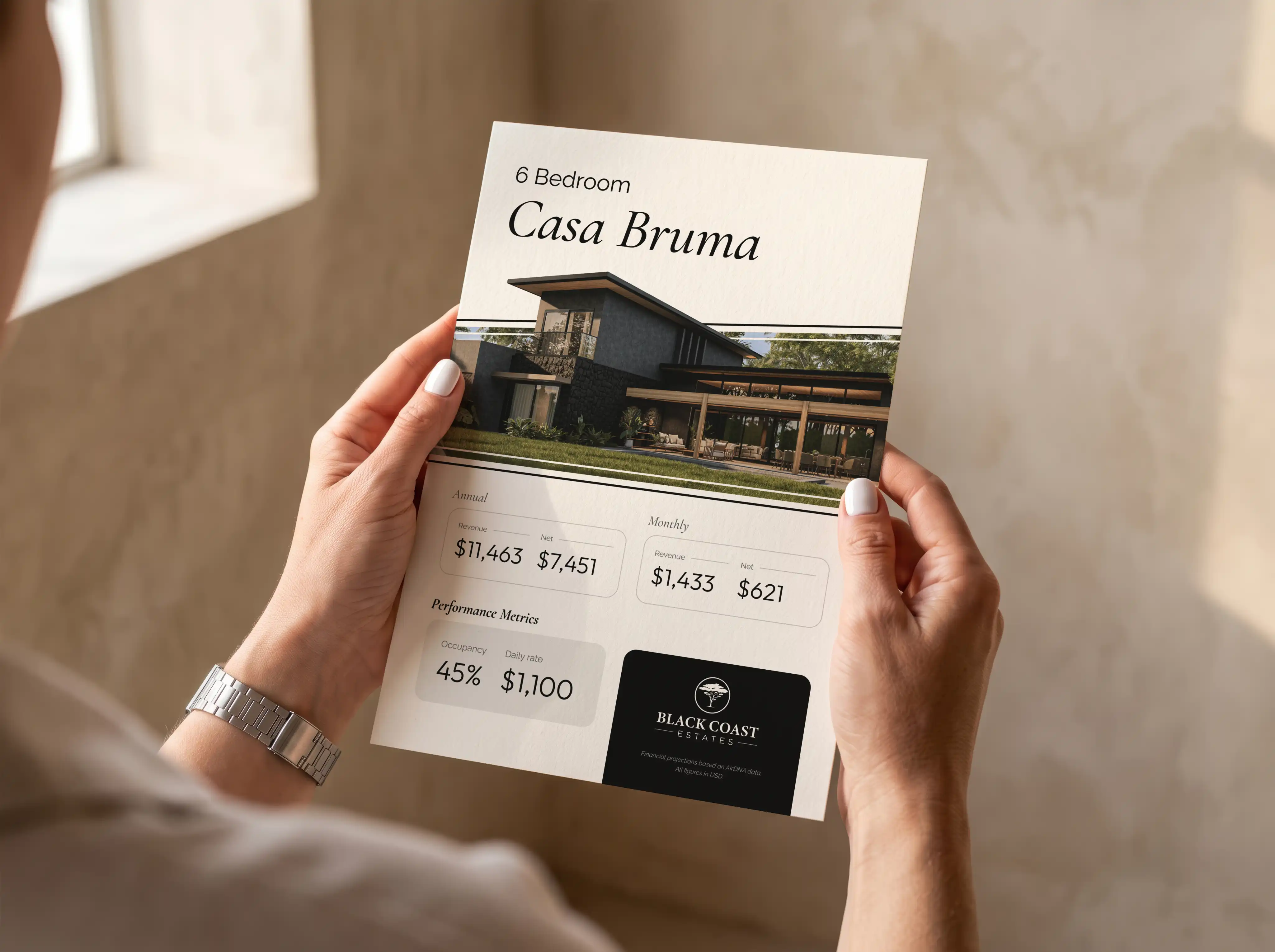 Black Coast Estates Casa Bruma property flyer with a house rendering and performance figures.