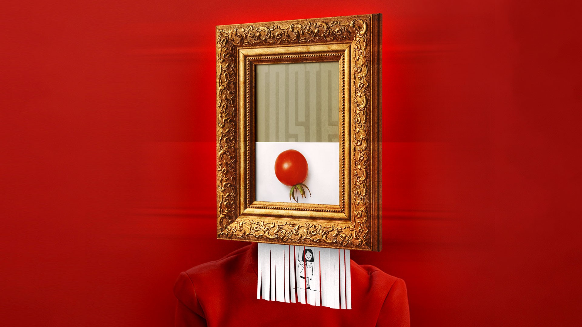 Surreal artwork of a person with a golden ornate frame for a head, displaying a tomato and the word ‘TASTE’ subtly embedded in the background, with shredded paper below revealing a cartoon figure—set against a bold red backdrop. Conceptual visual exploring taste, judgment, and identity.