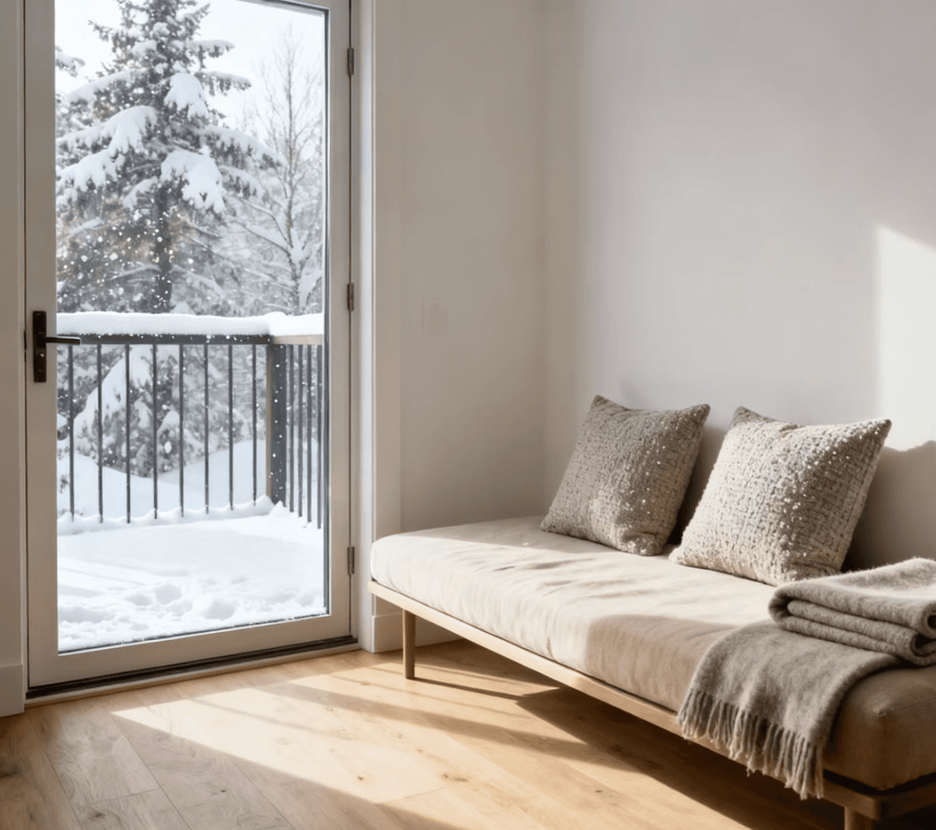 Minimalist interior with a beige daybed, textured pillows, and a snowy outdoor view through a glass door, bathed in natural light