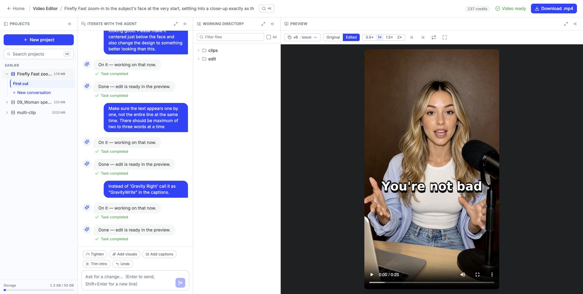 GravityWrite AI Video Editor showing a captioned video preview alongside a chat conversation, edit versions, and project controls