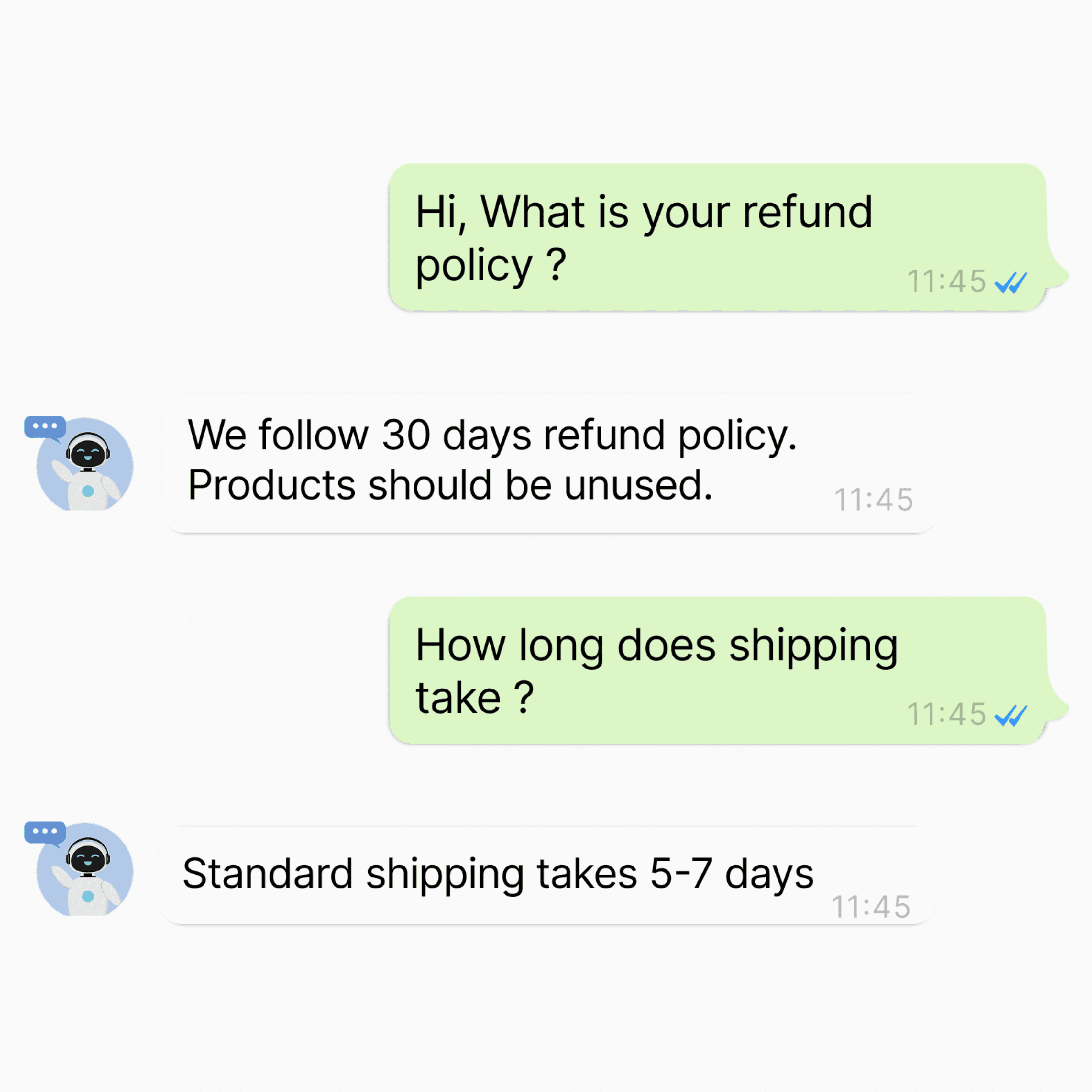 Sample chat flow of a WhatsApp AI assistant answering common customer FAQs.