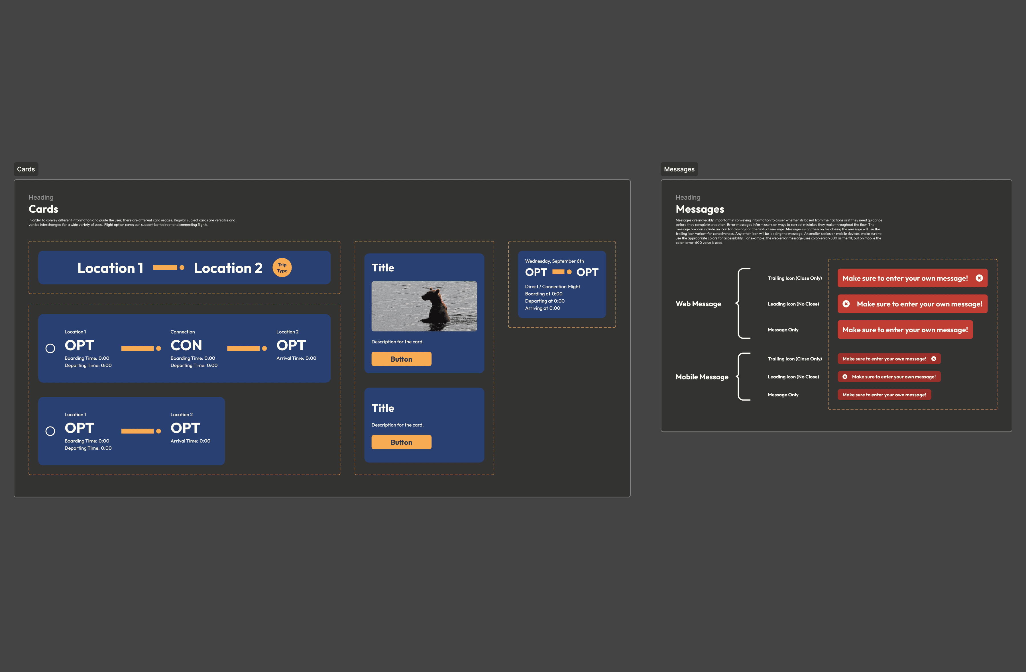 Design system page for card and messaging components.