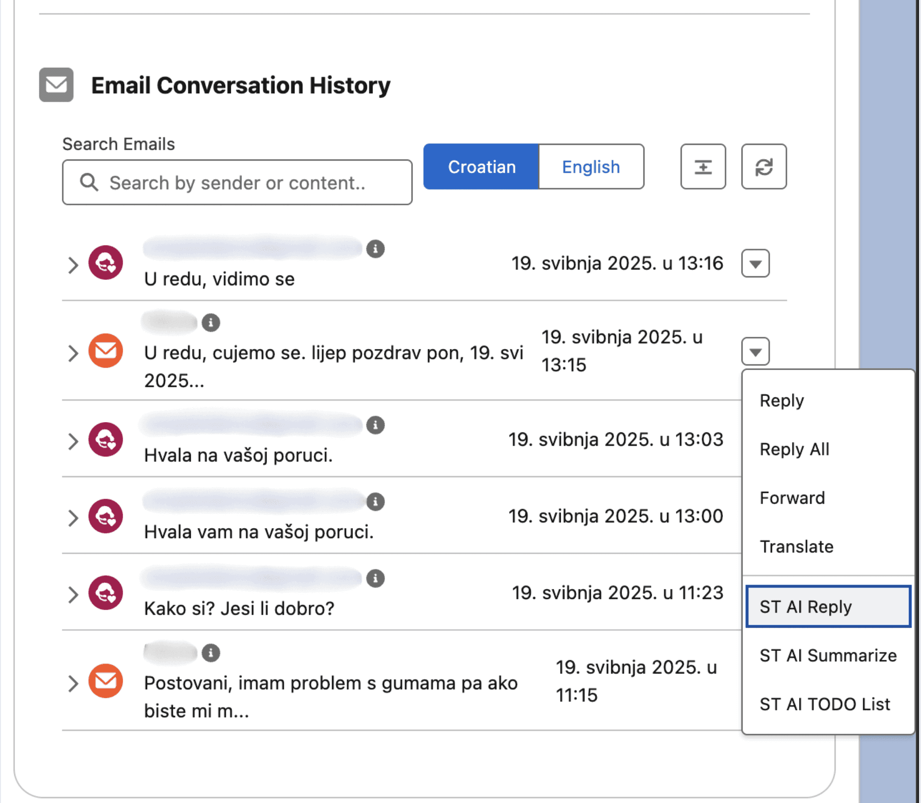 Email History Management Interface