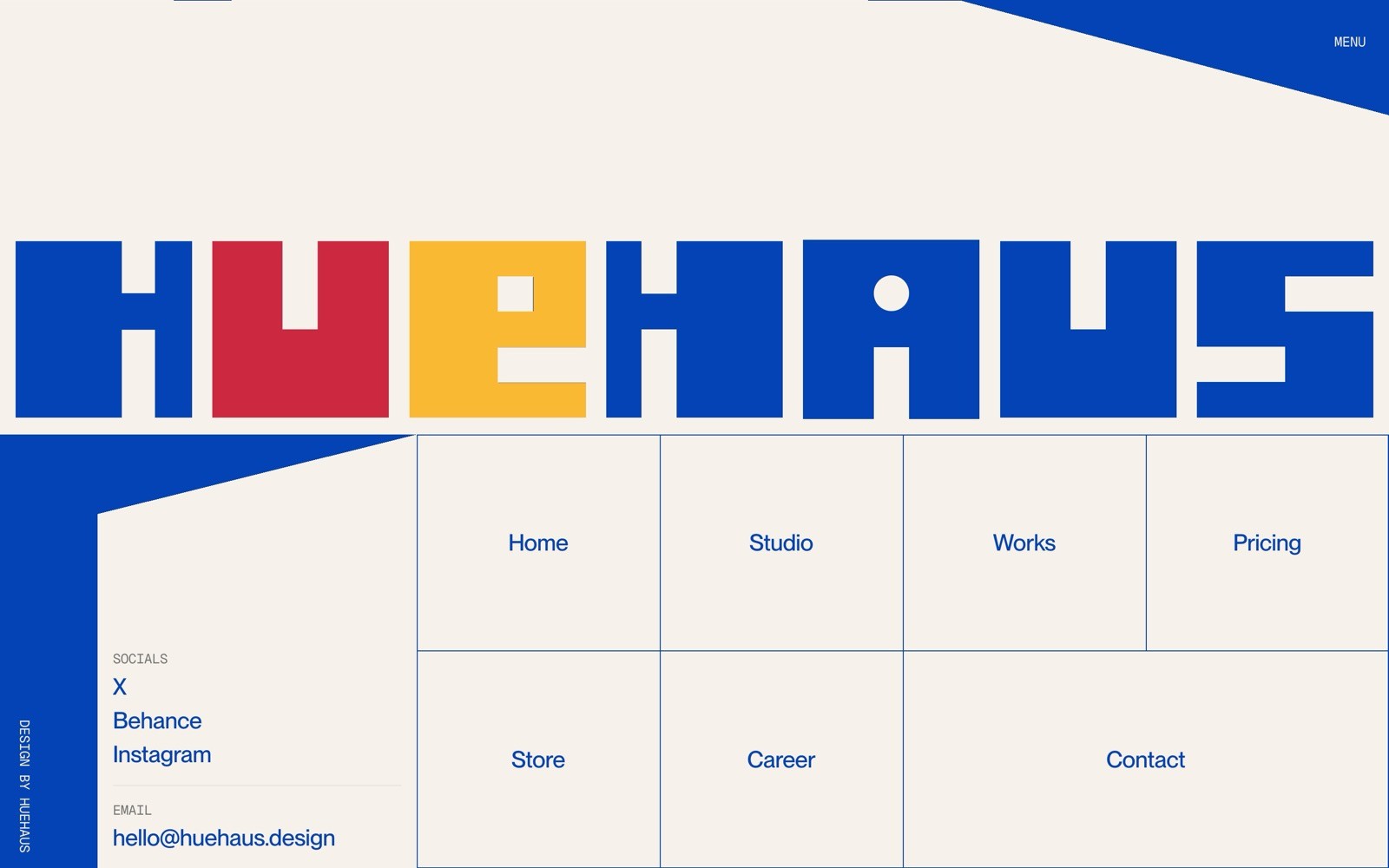 Bold "HUEHAUS" text in blue, yellow, red, and blue. Menu on right. Navigation links: Home, Studio, Works, Pricing, Store, Career, Contact.