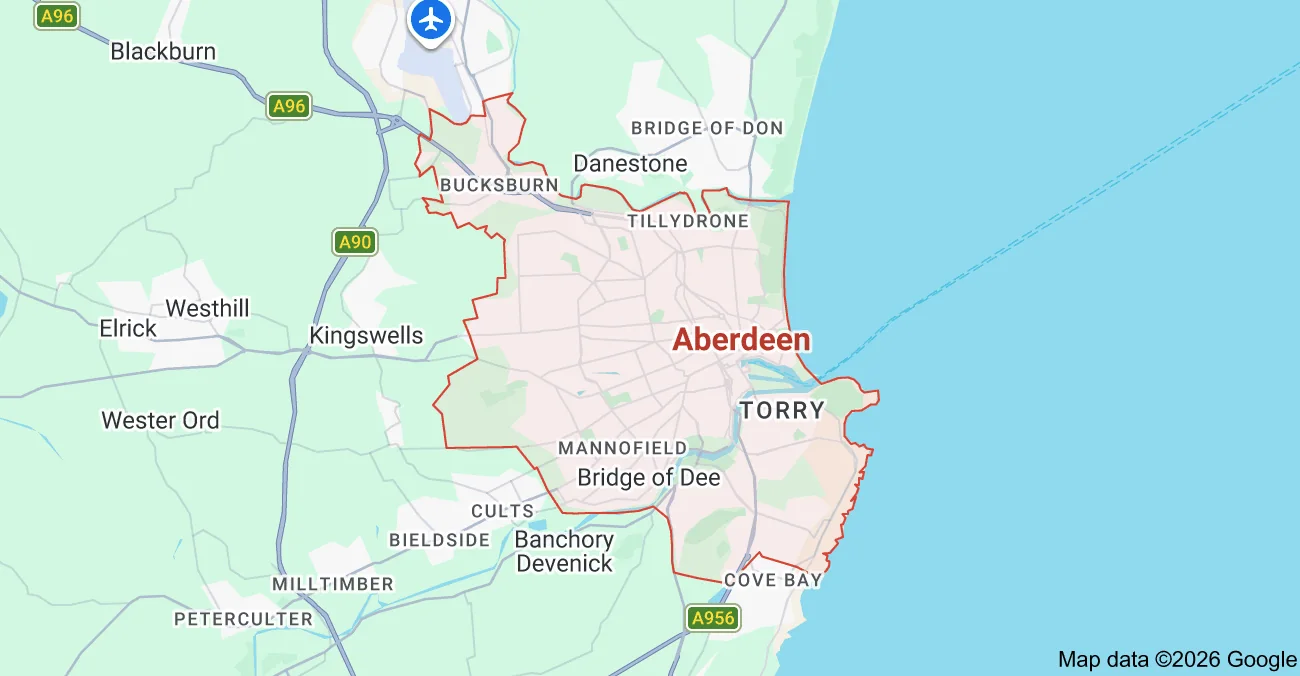 Map of Aberdeen City showing the city boundary, main road links and surrounding areas.