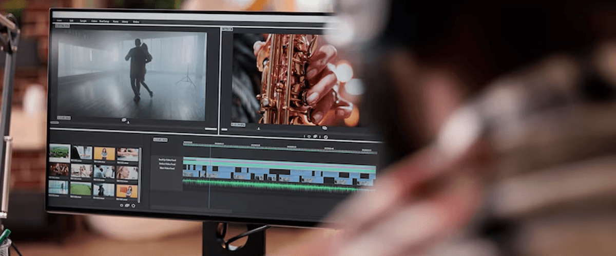 A person editing a video on a computer, with a video editing software interface and footage on the screen, representing how to create a winning ad video for a campaign.