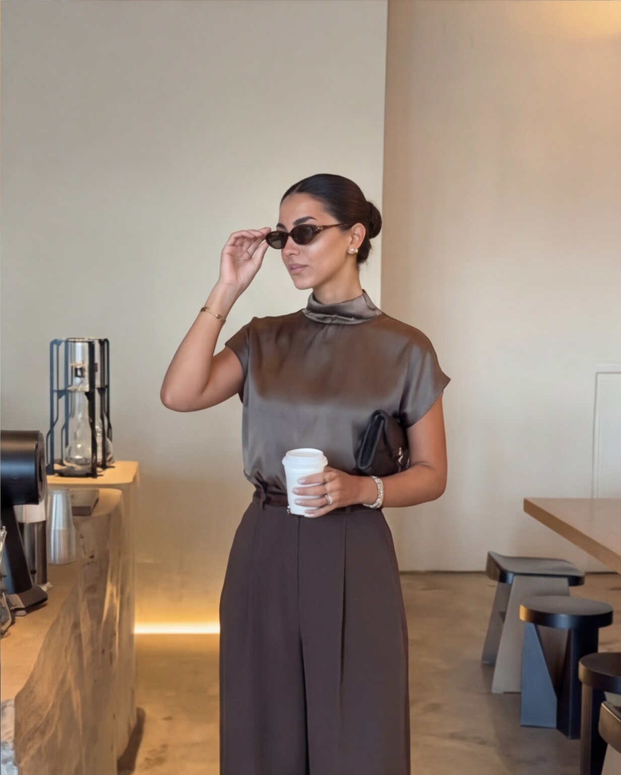 Charcoal Satin Blouse with Black Wide Leg Trousers