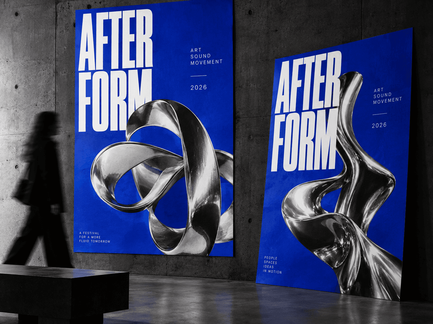 Afterform festival identity with cobalt posters and chrome forms